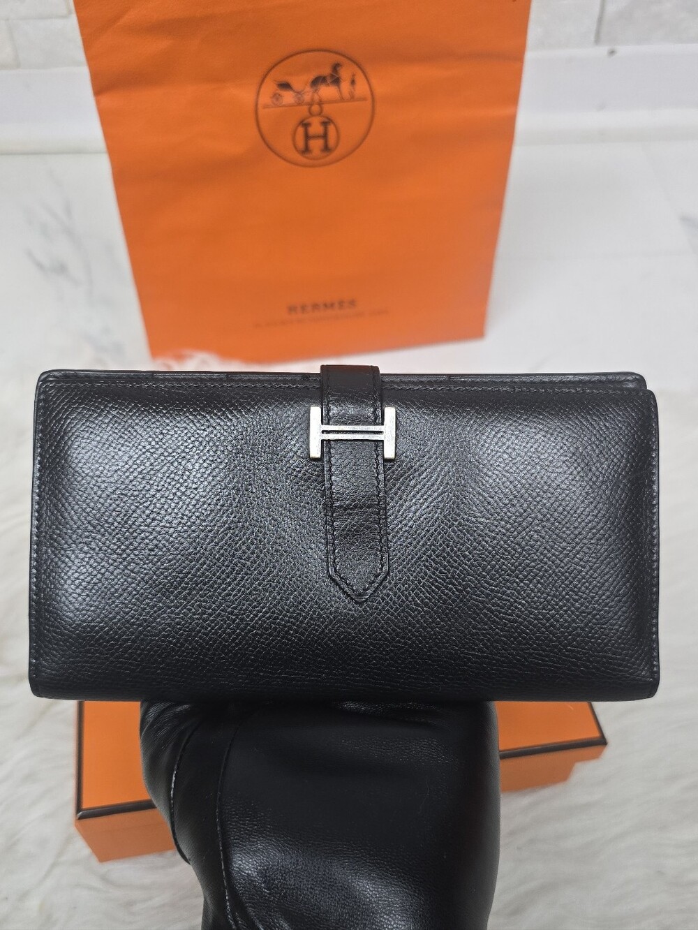 Hermes Black Leather Long Wallet with Silver H Clasp